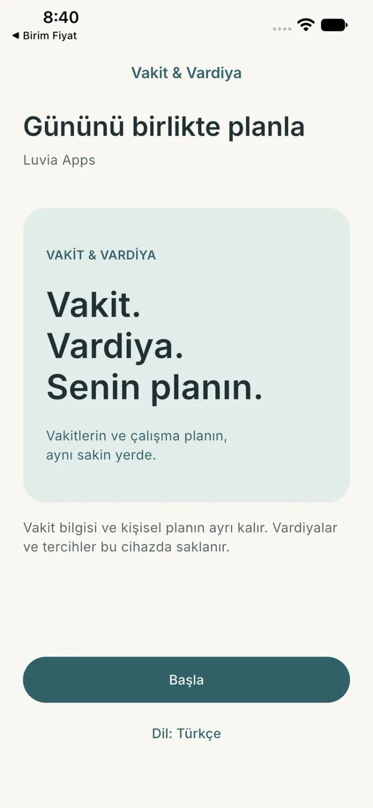 Vakit & Vardiya — Geliştirme önizlemesi · iOS simülatörü