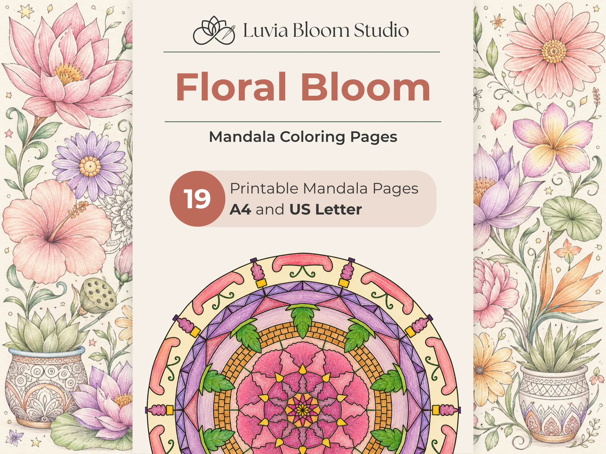 Mandalas Florales para Colorear, 19 PDFs Imprimibles