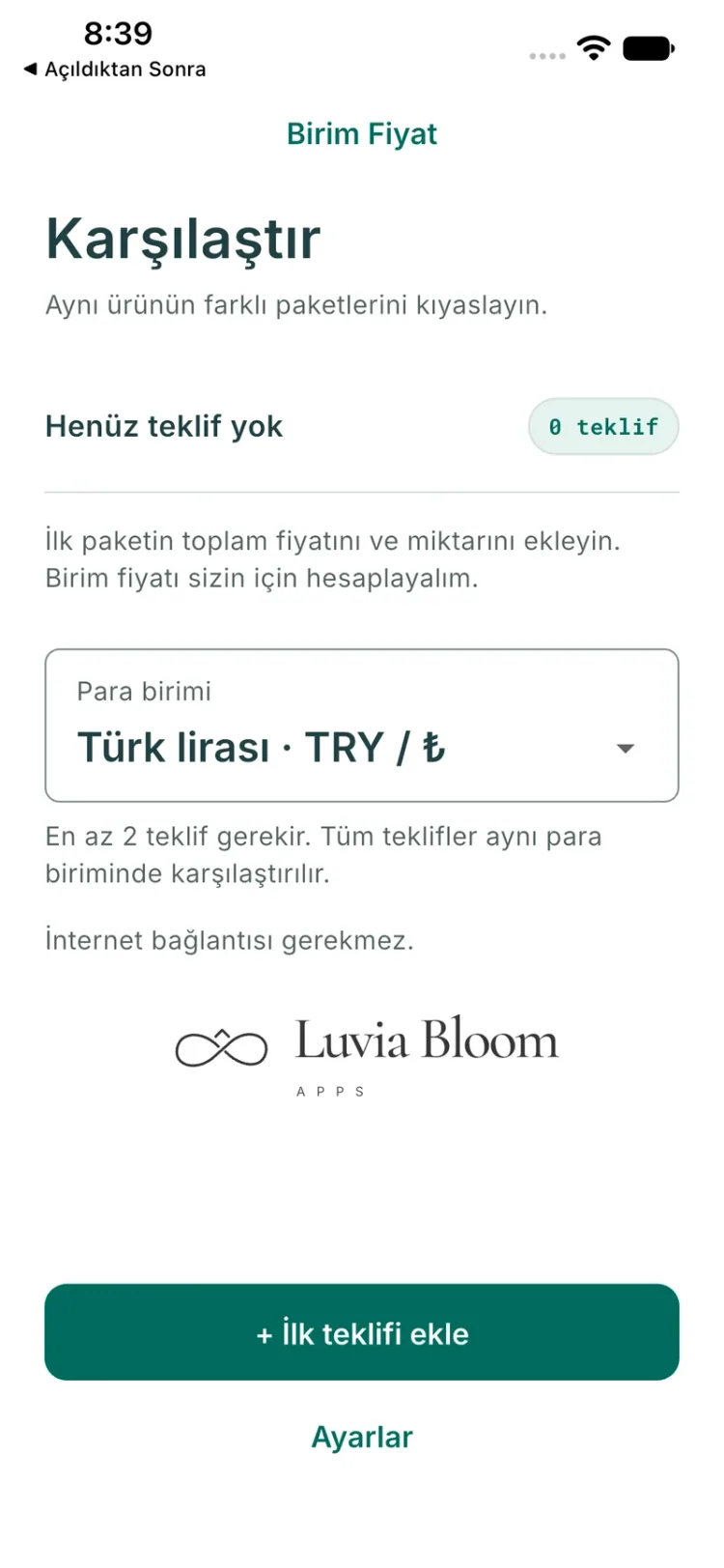 Birim Fiyat — Geliştirme önizlemesi · iOS simülatörü